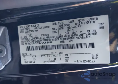 2018 Ford Escape Se z USA, uszkodzony, nr VIN 1FMCU9GDXJUC62404